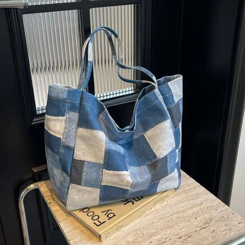 Women's Large Capacity Denim Color - contrast Check Idle Style Shoulder Commute Leisure Handbag Versatile Tote Bag - AMIR BAGS INDIA PRIVATE LIMITED