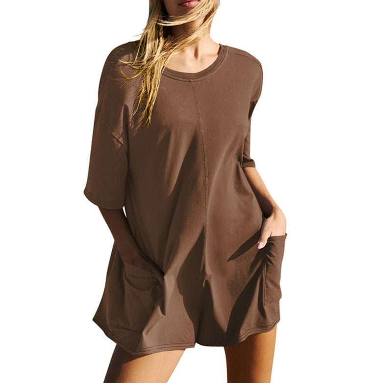 Women's Loose Short - sleeved Shorts Jumpsuit Summer Casual Backless Beach Overall Pants With Pockets - AMIR BAGS INDIA PRIVATE LIMITED