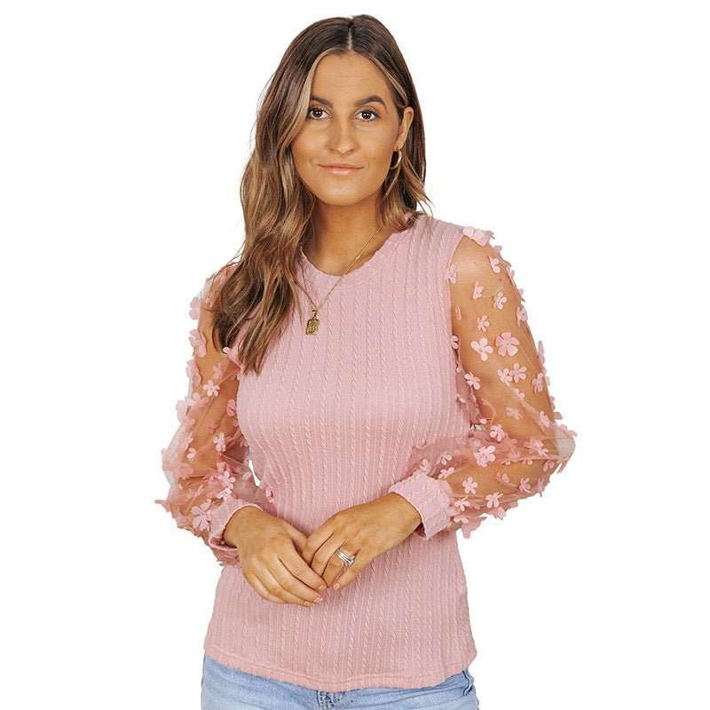 Women's Mesh Small Flower Chiffon Shirt Summer Round Neck Long Sleeve Top - AMIR BAGS INDIA PRIVATE LIMITED
