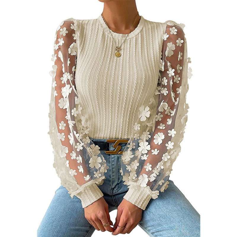 Women's Mesh Small Flower Chiffon Shirt Summer Round Neck Long Sleeve Top - AMIR BAGS INDIA PRIVATE LIMITED