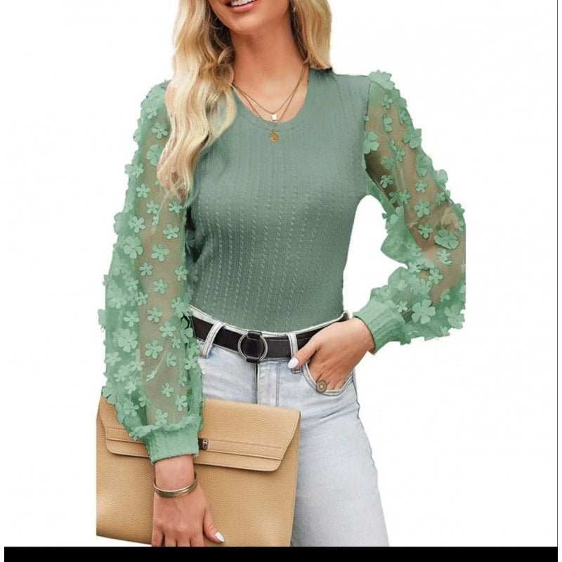 Women's Mesh Small Flower Chiffon Shirt Summer Round Neck Long Sleeve Top - AMIR BAGS INDIA PRIVATE LIMITED