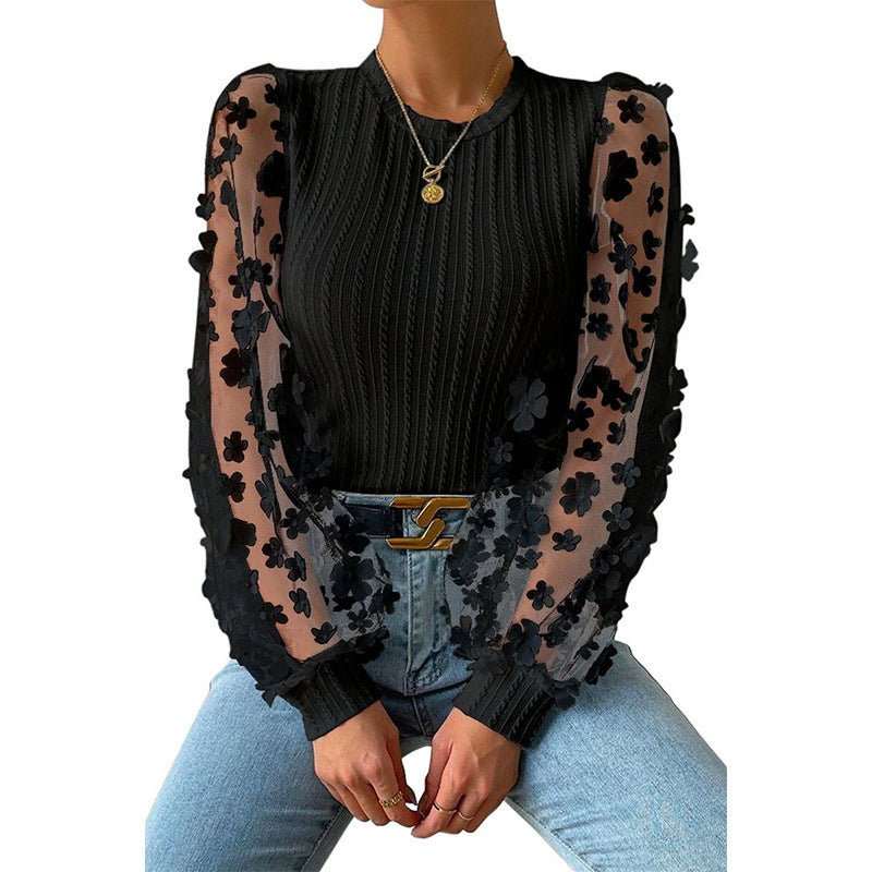 Women's Mesh Small Flower Chiffon Shirt Summer Round Neck Long Sleeve Top - AMIR BAGS INDIA PRIVATE LIMITED
