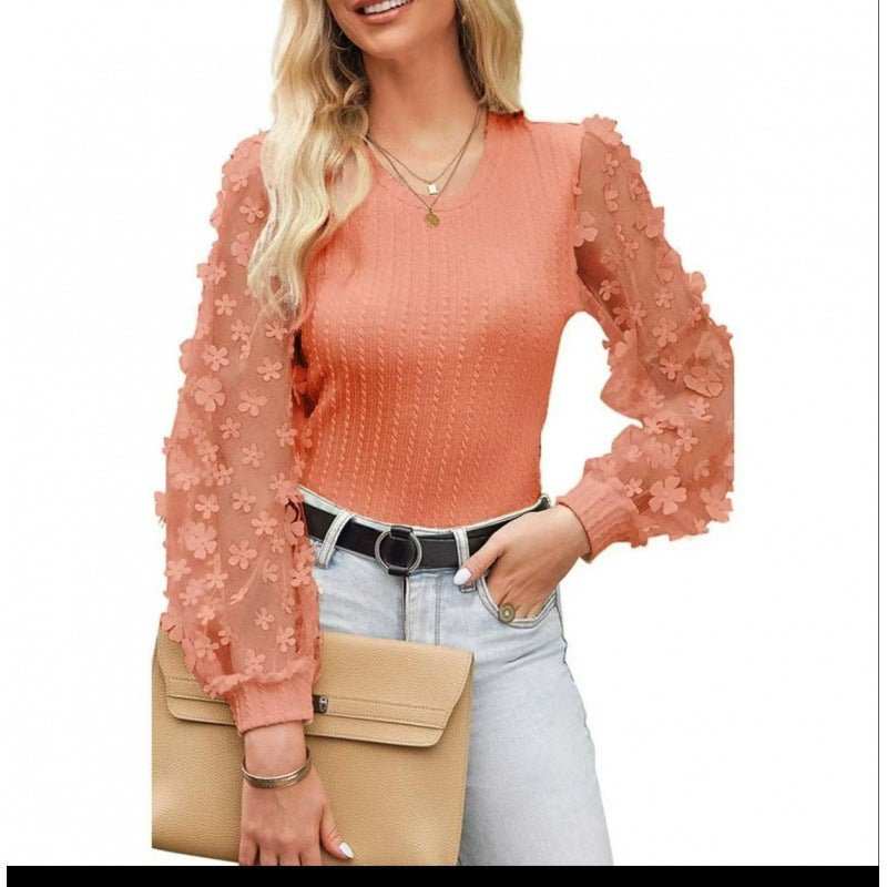 Women's Mesh Small Flower Chiffon Shirt Summer Round Neck Long Sleeve Top - AMIR BAGS INDIA PRIVATE LIMITED