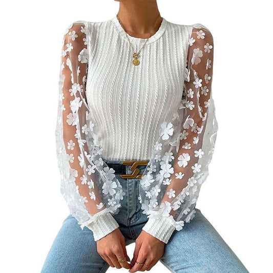 Women's Mesh Small Flower Chiffon Shirt Summer Round Neck Long Sleeve Top - AMIR BAGS INDIA PRIVATE LIMITED