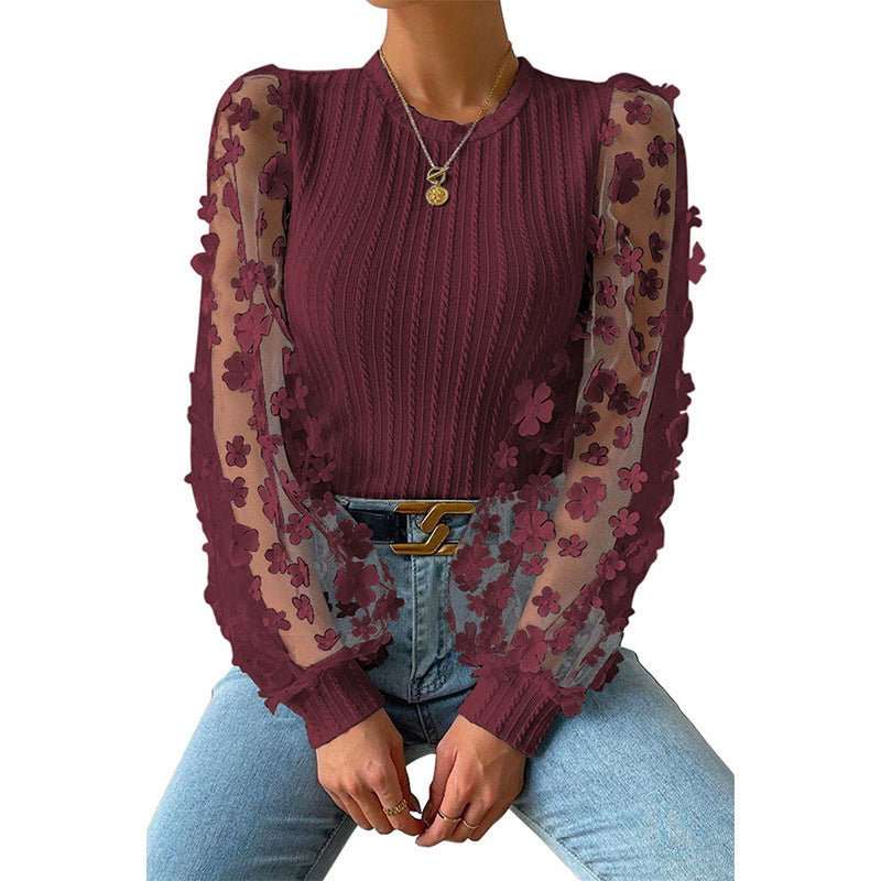Women's Mesh Small Flower Chiffon Shirt Summer Round Neck Long Sleeve Top - AMIR BAGS INDIA PRIVATE LIMITED