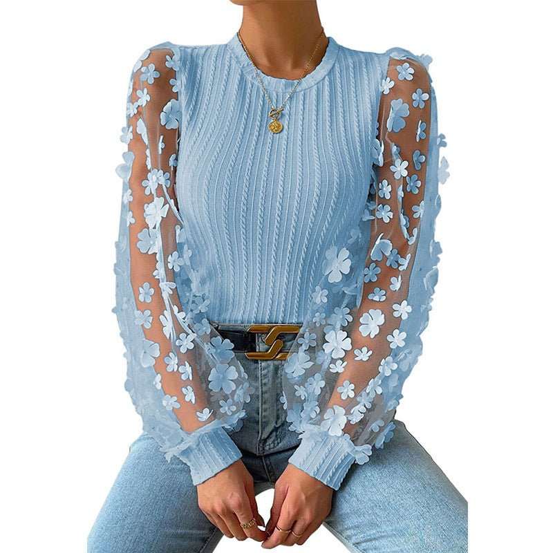 Women's Mesh Small Flower Chiffon Shirt Summer Round Neck Long Sleeve Top - AMIR BAGS INDIA PRIVATE LIMITED