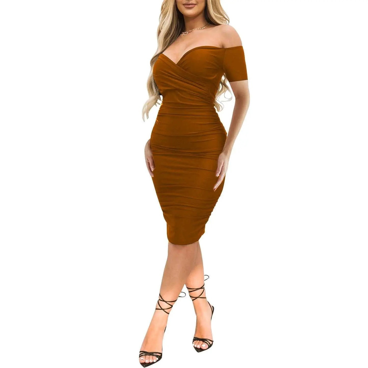 Women's Nightclub Off - shoulder Short Sleeve Dress Sexy Off The Shoulder Midi Dress Ruched Bodycon Dresses - AMIR BAGS INDIA PRIVATE LIMITED