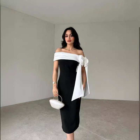 Women's Off - shoulder Bow Black And White Color Matching Elegant Cocktail Dress - AMIR BAGS INDIA PRIVATE LIMITED