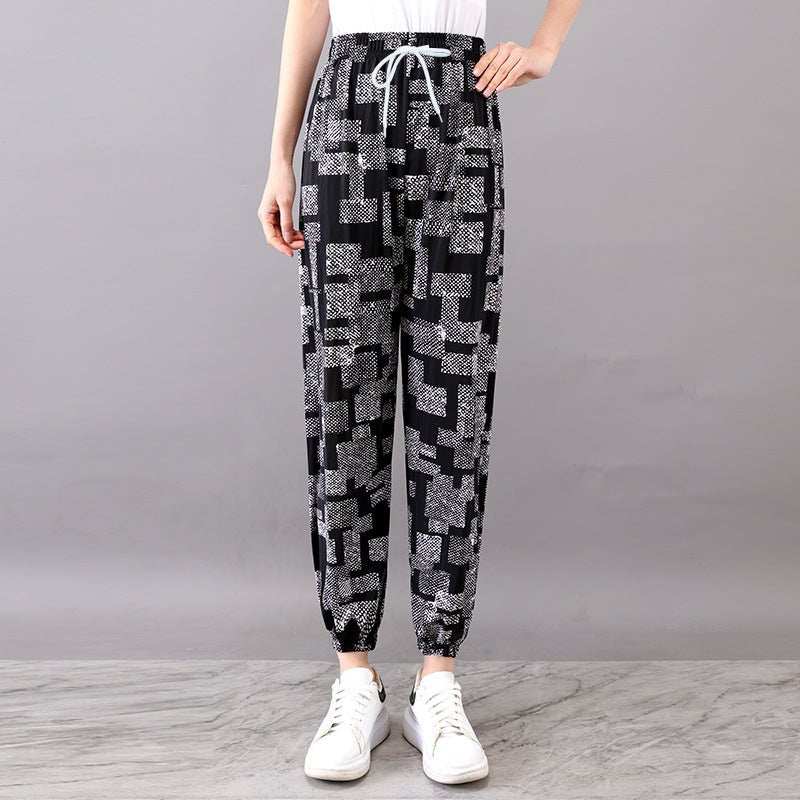 Women's Plus - sized Ice Silk Elastic Pants Cropped Straight - AMIR BAGS INDIA PRIVATE LIMITED