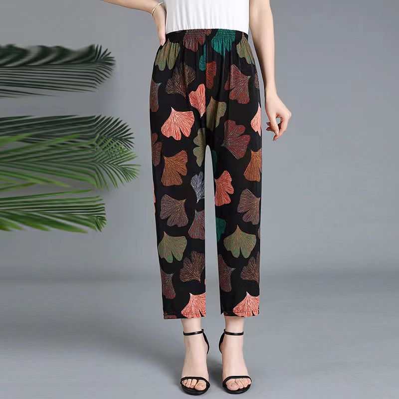 Women's Plus - sized Ice Silk Elastic Pants Cropped Straight - AMIR BAGS INDIA PRIVATE LIMITED