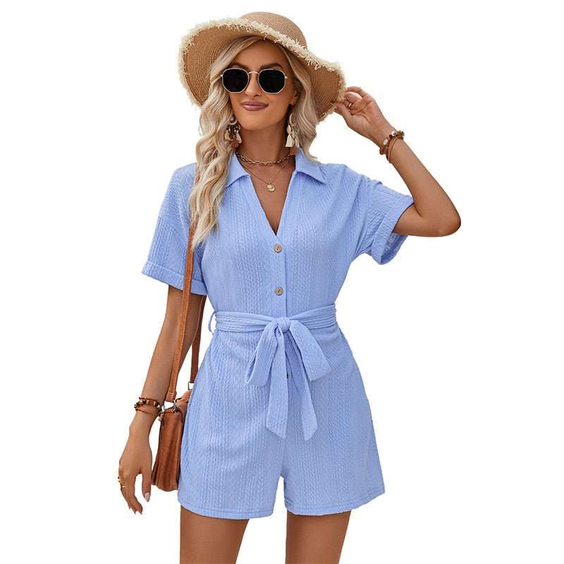 Women's Short - sleeved Shorts Jumpsuit Lace - up Turn - down Collar Solid Color Clothing Summer - AMIR BAGS INDIA PRIVATE LIMITED