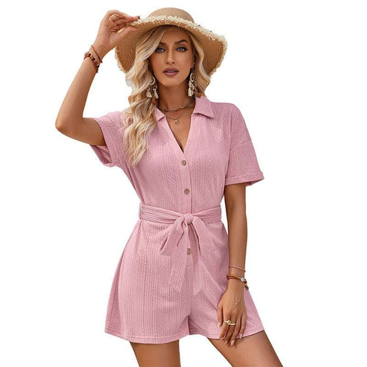 Women's Short - sleeved Shorts Jumpsuit Lace - up Turn - down Collar Solid Color Clothing Summer - AMIR BAGS INDIA PRIVATE LIMITED