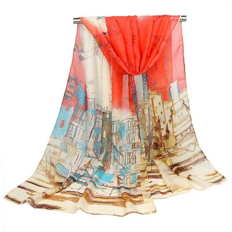 Women's Silk Scarf Sailing Oil Painting Printed Scarf - AMIR BAGS INDIA PRIVATE LIMITED