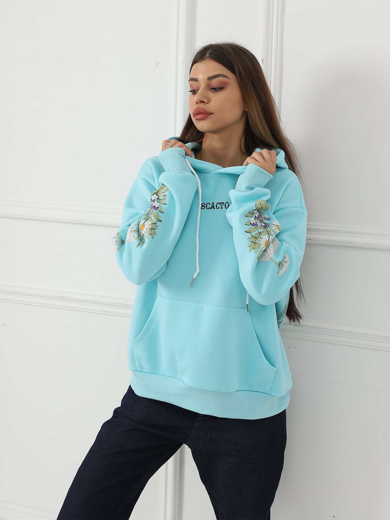 Women's Solid Color Floral Long Sleeved Sweatshirt - AMIR BAGS INDIA PRIVATE LIMITED