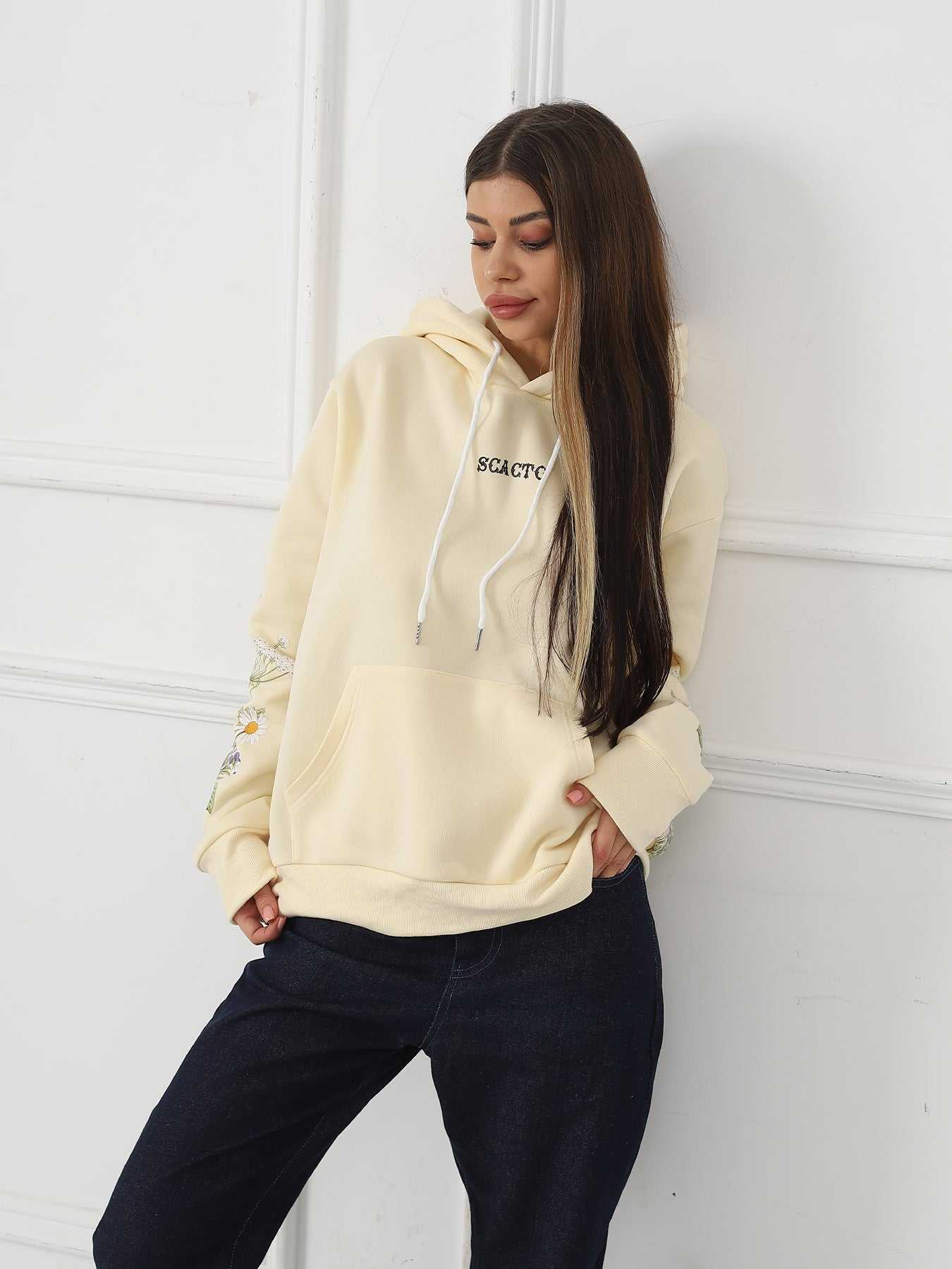 Women's Solid Color Floral Long Sleeved Sweatshirt - AMIR BAGS INDIA PRIVATE LIMITED