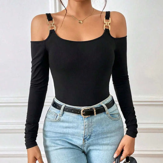Women's Spring And Summer Fashion Simple Suspender Off - Shoulder Metal Hook Long - Sleeved Sexy Top - AMIR BAGS INDIA PRIVATE LIMITED