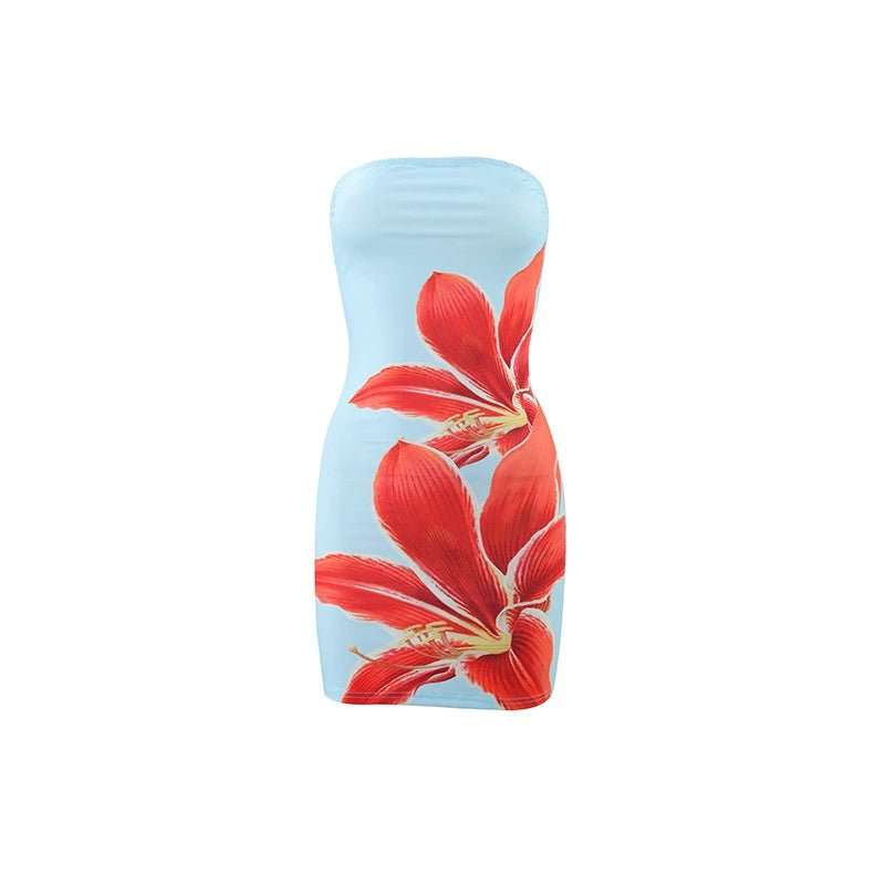 Women's Tube Top Flower Print Slim Sheath Short Dress - AMIR BAGS INDIA PRIVATE LIMITED