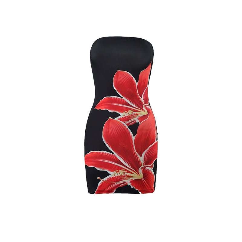 Women's Tube Top Flower Print Slim Sheath Short Dress - AMIR BAGS INDIA PRIVATE LIMITED