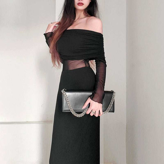 Women's Winter Sexy Off - the - shoulder Pleated Long Sleeve Polyester Dress - AMIR BAGS INDIA PRIVATE LIMITED