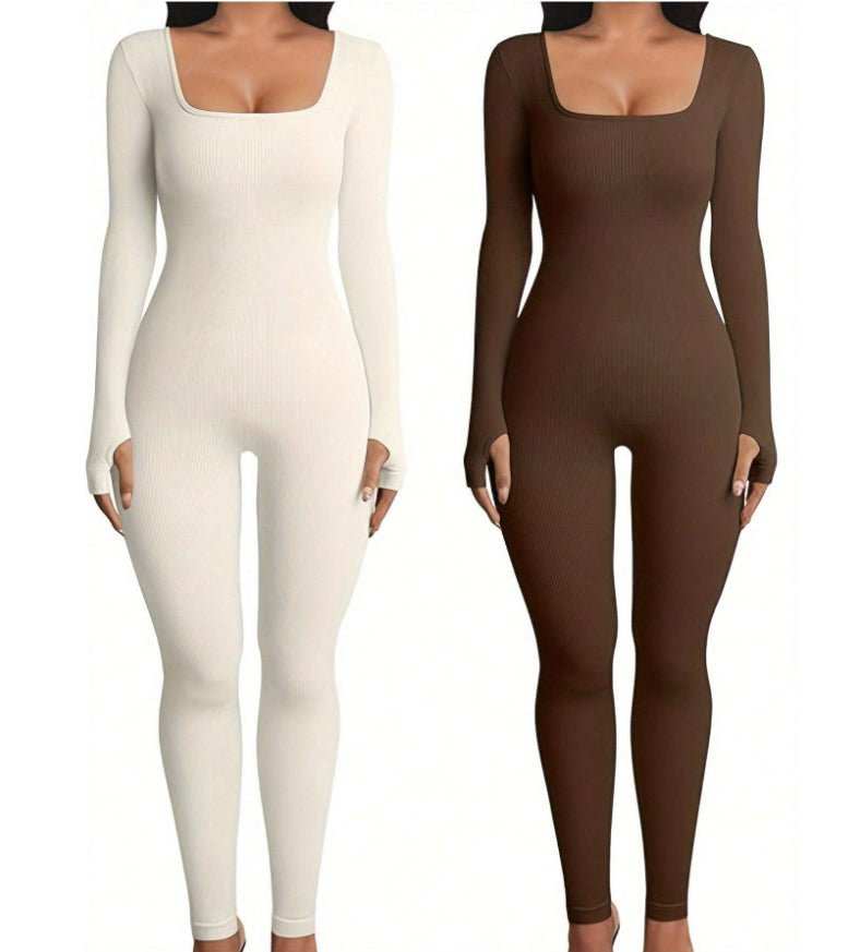 Women's Yoga Sports Fitness Jumpsuit Workout Long Sleeve Square Collar Clothing - AMIR BAGS INDIA PRIVATE LIMITED