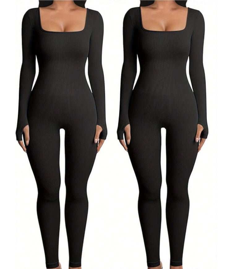 Women's Yoga Sports Fitness Jumpsuit Workout Long Sleeve Square Collar Clothing - AMIR BAGS INDIA PRIVATE LIMITED