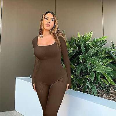Women's Yoga Sports Fitness Jumpsuit Workout Long Sleeve Square Collar Clothing - AMIR BAGS INDIA PRIVATE LIMITED