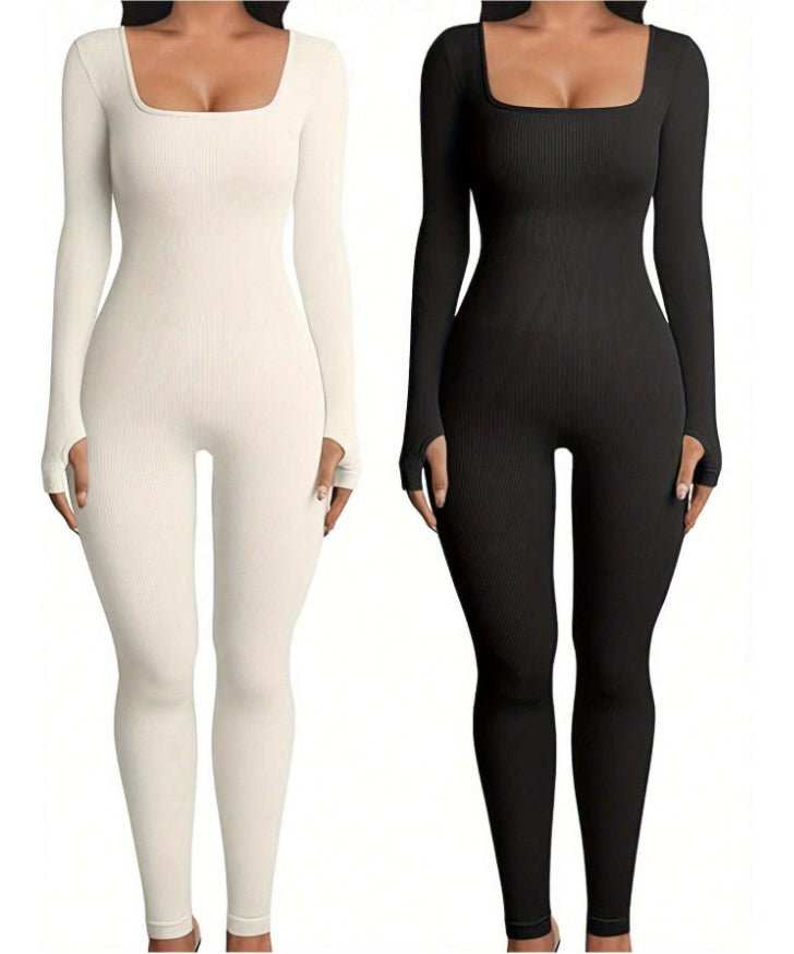Women's Yoga Sports Fitness Jumpsuit Workout Long Sleeve Square Collar Clothing - AMIR BAGS INDIA PRIVATE LIMITED