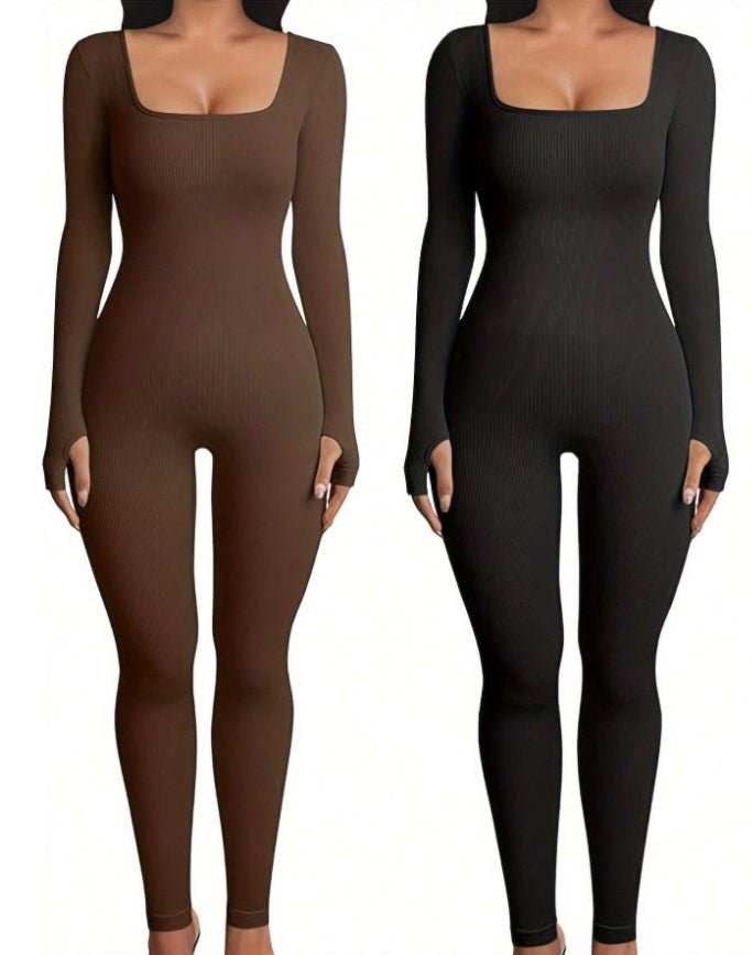 Women's Yoga Sports Fitness Jumpsuit Workout Long Sleeve Square Collar Clothing - AMIR BAGS INDIA PRIVATE LIMITED