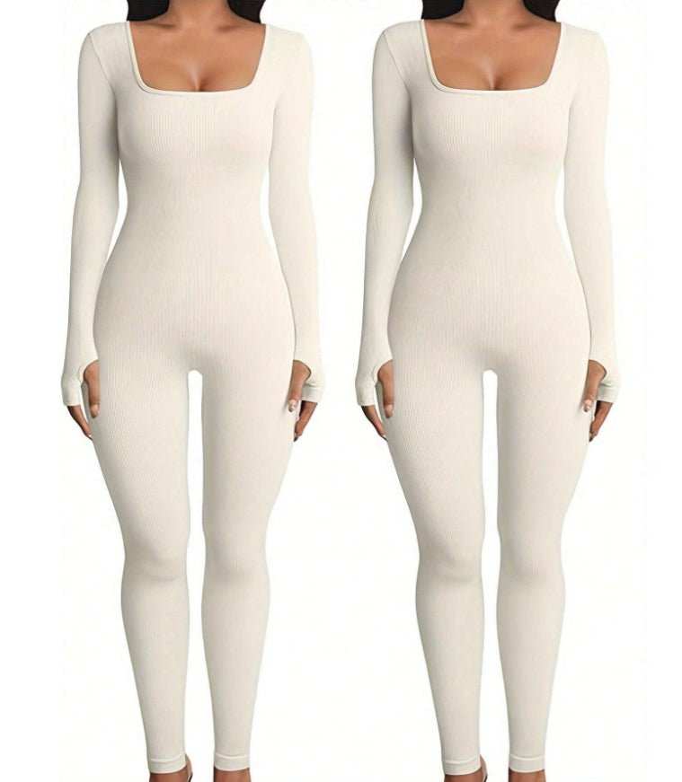 Women's Yoga Sports Fitness Jumpsuit Workout Long Sleeve Square Collar Clothing - AMIR BAGS INDIA PRIVATE LIMITED