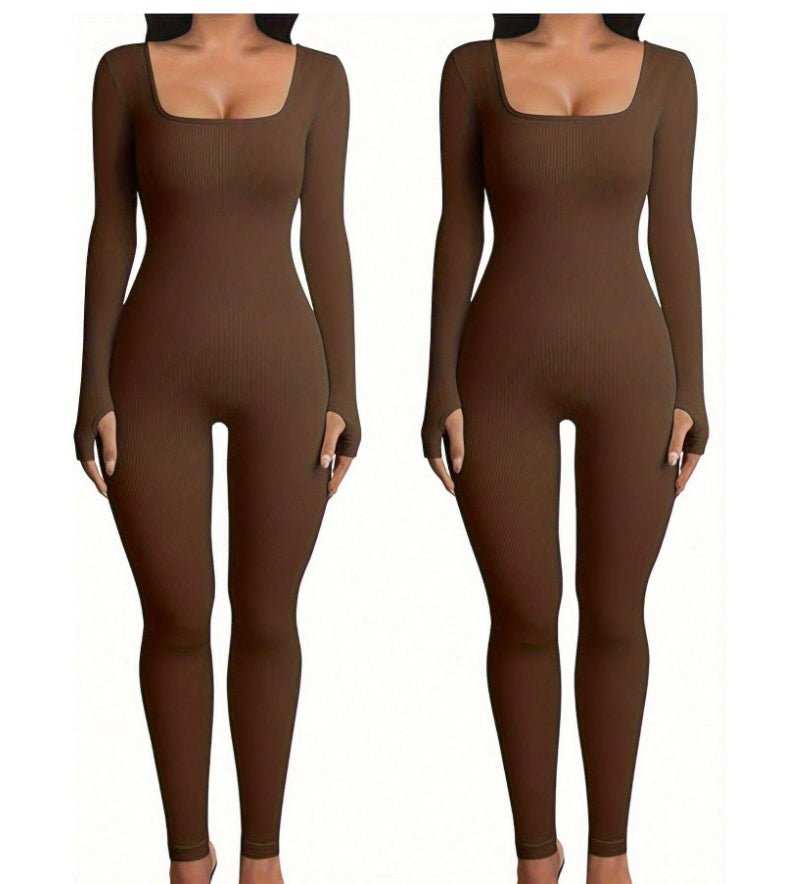 Women's Yoga Sports Fitness Jumpsuit Workout Long Sleeve Square Collar Clothing - AMIR BAGS INDIA PRIVATE LIMITED