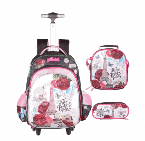 Three-piece trolley bag set for primary students with Eiffel Tower and floral design in pink and black colors