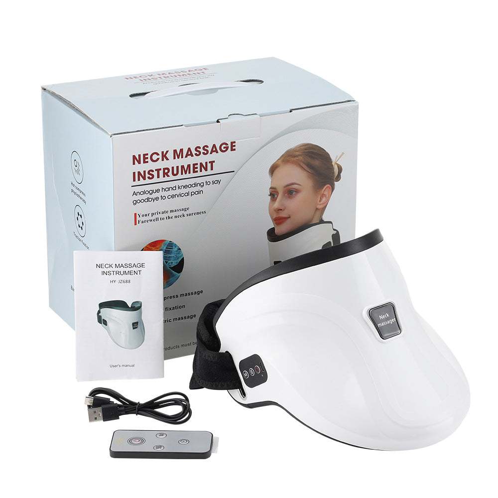 Electric white neck massager with hot compress and air pressure kneading, including remote control, USB cable, and user manual.
