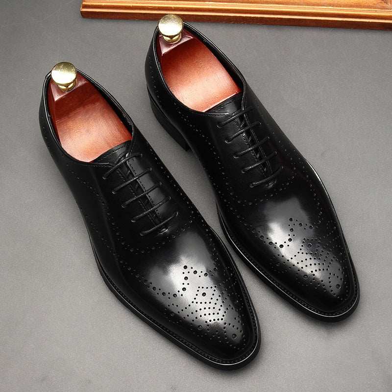 Black men's leather pointed toe business formal lace-up shoes with brogue detailing