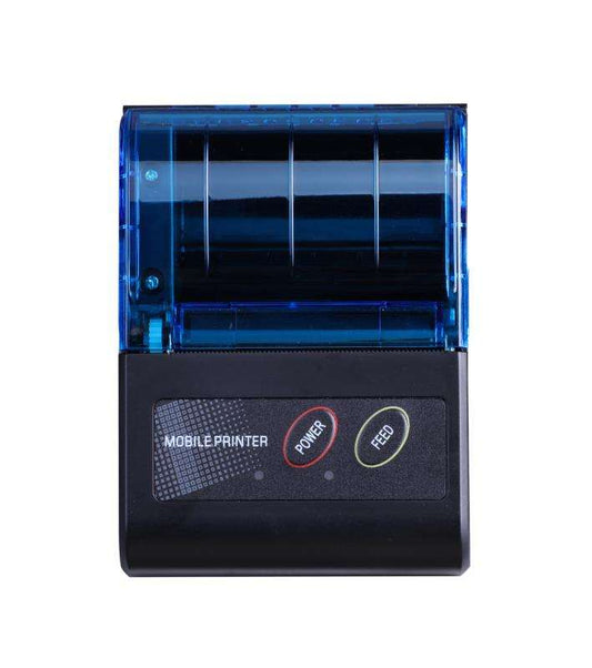 Blue and black compact convenience store portable Bluetooth thermal printer with power and feed buttons