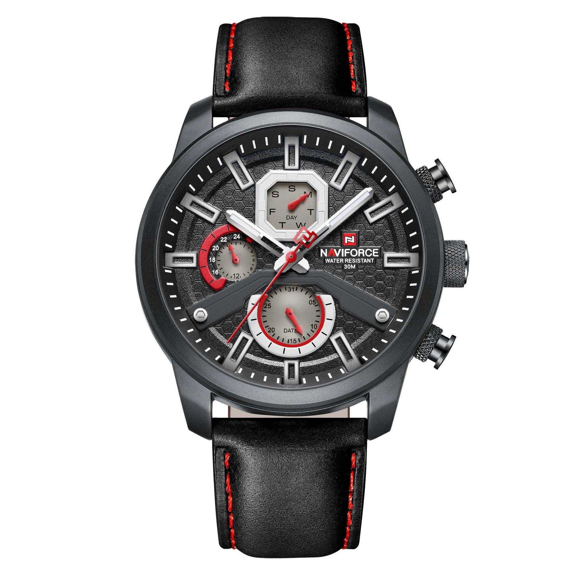 Fashion luminous waterproof men's large dial watch with black leather strap and red stitching
