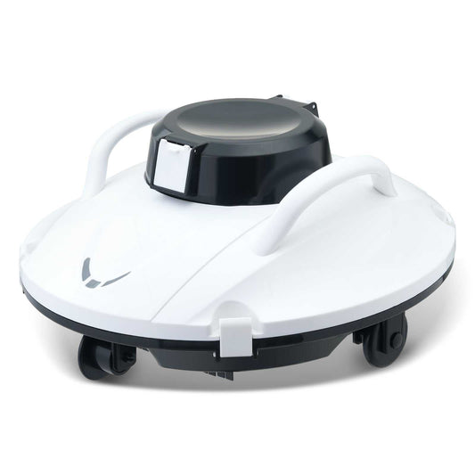 White and black robotic pool cleaning machine with handles and wheels