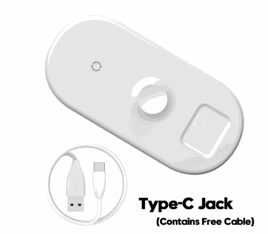 White 3-in-1 wireless charger with Type-C input and included USB cable for multiple device charging