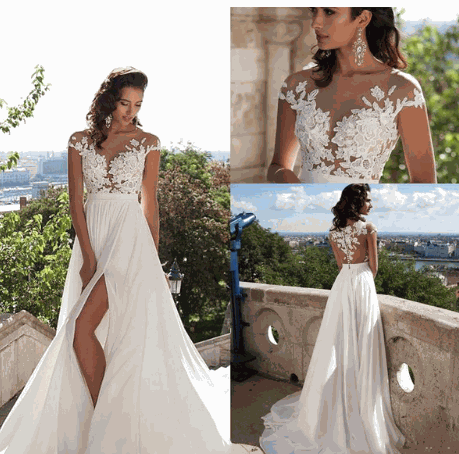 Bohemian wedding dress with floral lace applique bodice and flowing chiffon skirt with thigh slit