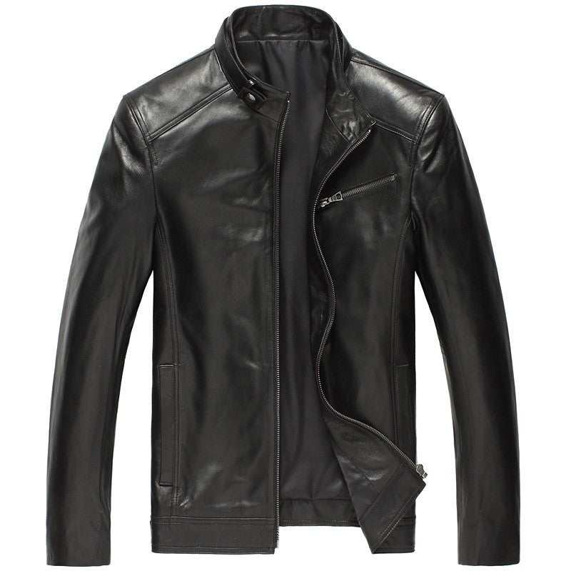Men's black sheepskin leather jacket with stand-up collar and zipper closure, fit type, polyester lining, and casual style.