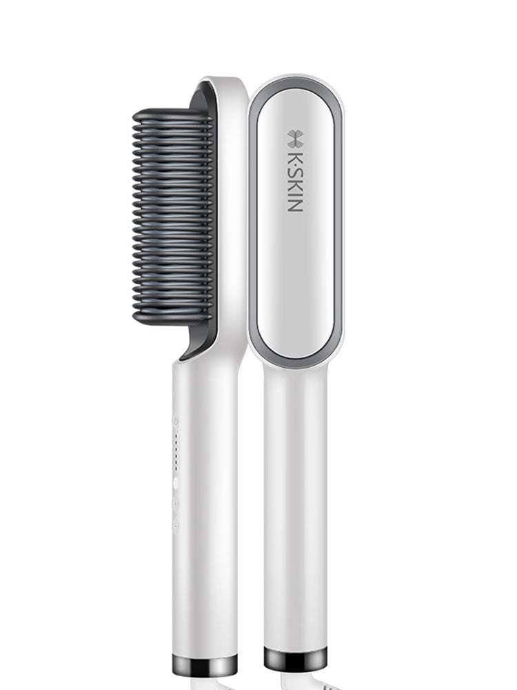 White K-SKIN electric hair straightener comb with black bristles and sleek handle design