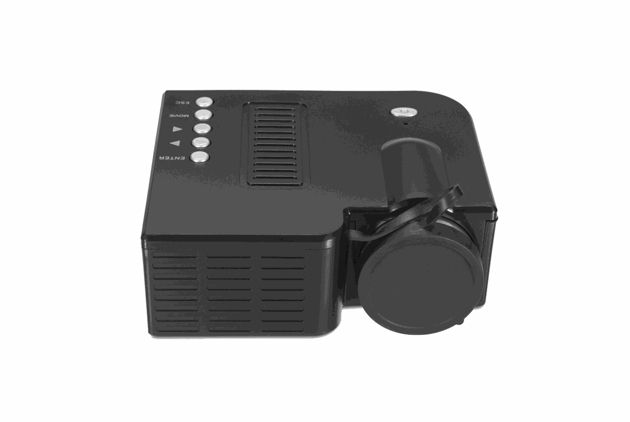 Compact black UNIC UC28B LED mini projector with lens cover and control buttons on top for USB and TF card input.
