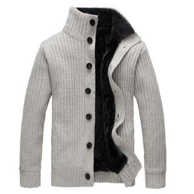 Men's thick winter sweater coat with standing collar and button closure, warm fleece-lined interior, available in light gray.