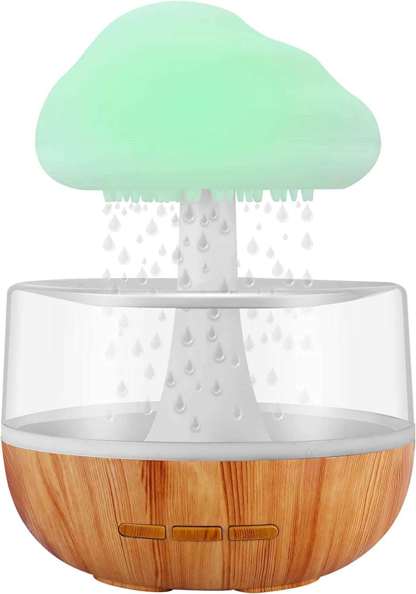 Rain Cloud Aroma Humidifier with wood grain base, cloud-shaped diffuser, and mist droplets, USB powered ultrasonic essential oil diffuser.