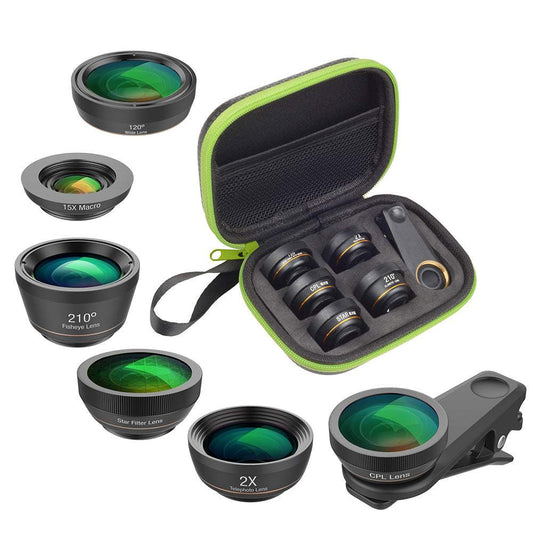 6 in 1 mobile phone lens set including fisheye, macro, wide angle, CPL, star filter, and 2x telephoto lenses with universal clip and carrying case