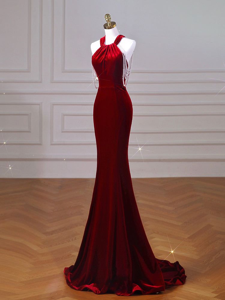 Wine red velvet fish tail cocktail dress with deep V-neck and beading detail