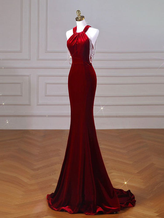 Wine red velvet fish tail cocktail dress with deep V-neck and beading detail