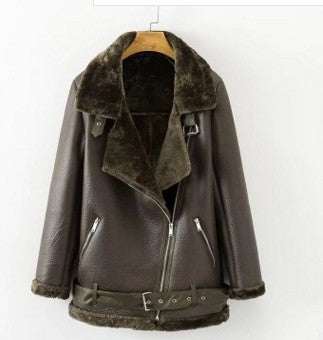 Winter fashion high quality artificial fur-lined PU leather zipper coat with lapel collar and belt in military green for women