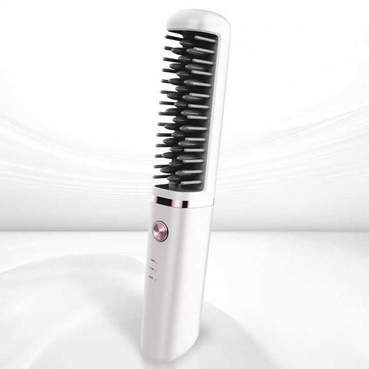 Portable rechargeable hair straightener brush with tourmaline ceramic heating technology for dry and wet hair styling