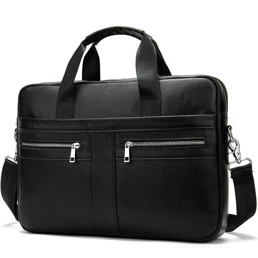Black business leather briefcase for men made of first layer cowhide with multiple zipper pockets and detachable shoulder strap