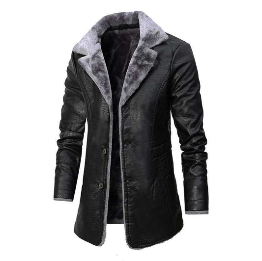 Black plush lapel single-breasted artificial leather jacket with warm fleece lining for men